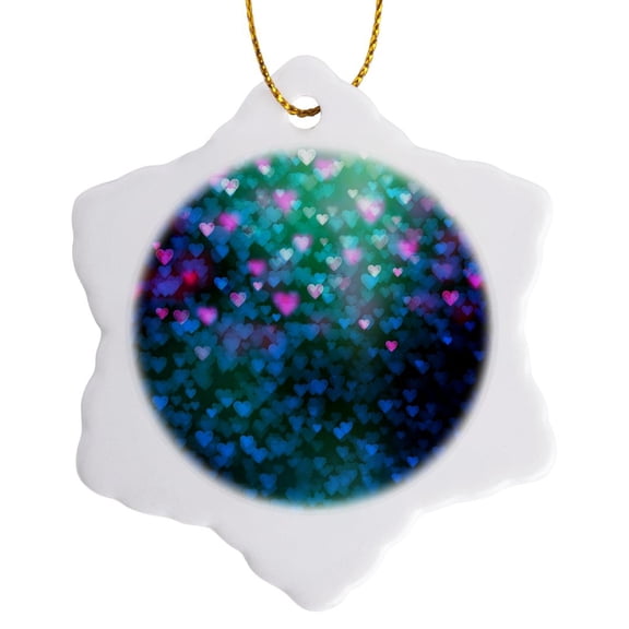 3drose, Glam Blue and Pink Bokeh Hearts Pattern, 3 inch Snowflake Porcelain Ornament