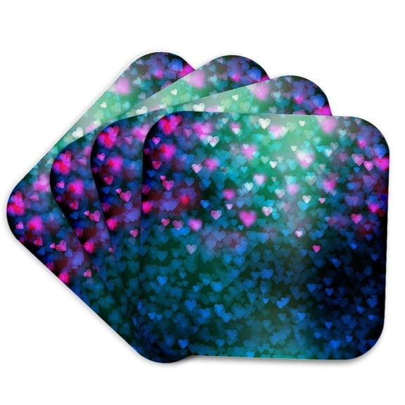 3drose, Glam Blue and Pink Bokeh Hearts Pattern, Set of 4 Coasters - Soft