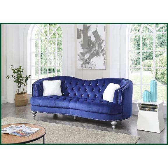 Glam Blue Micro Suede Velvet Sofa - Hand-Tufted, Hardwood Frame for Living Room