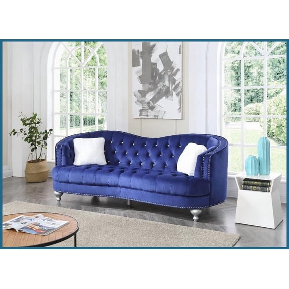 Glam Blue Micro Suede Velvet Sofa with Deep Tufting & Nailhead Trim Ideal for Living Room