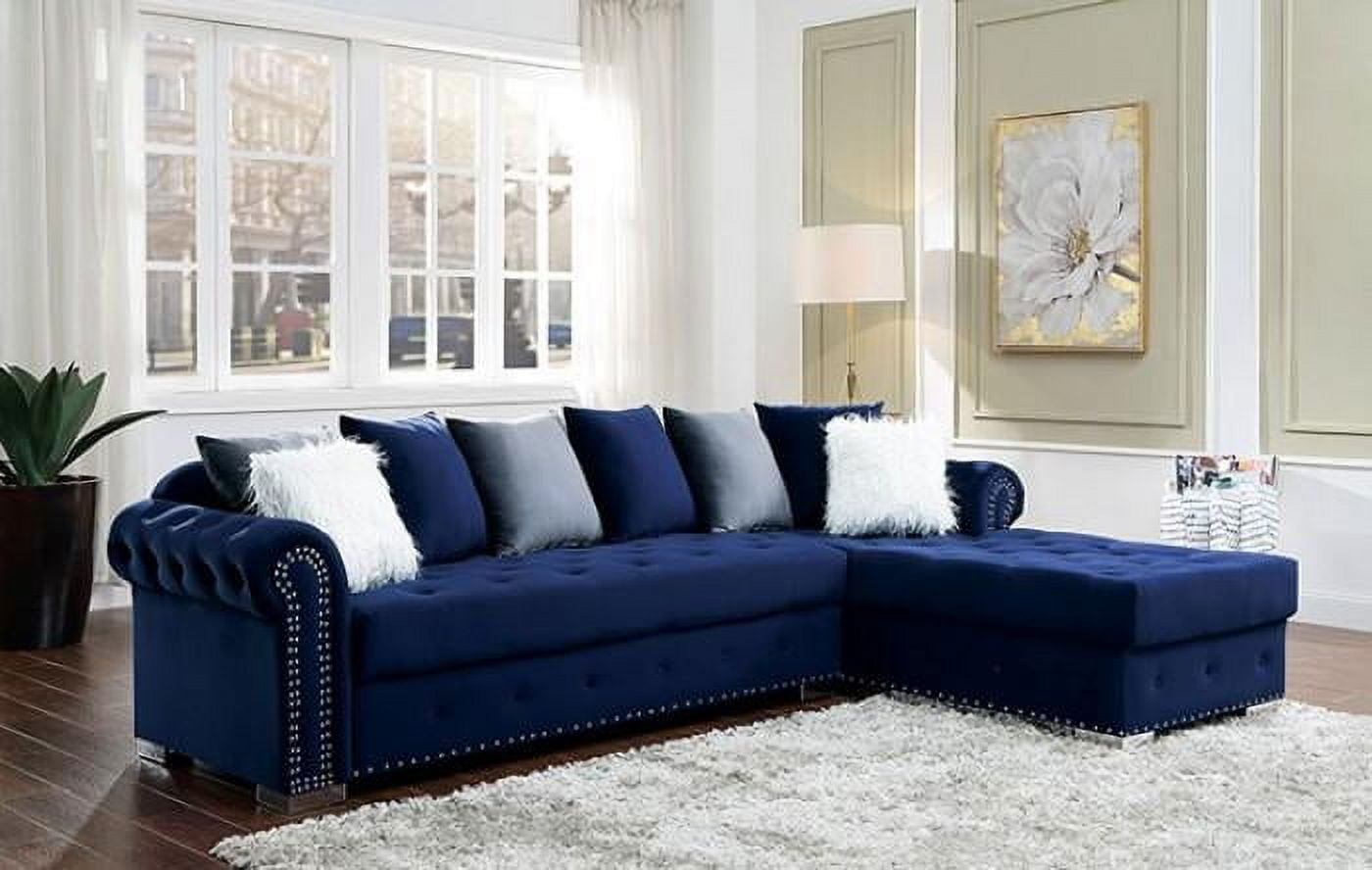 Luxurious Blue Velvet Chesterfield Sectional Sofa with Nailhead Trim