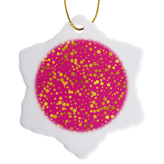 3drose, Glam Bright Pink Image of Gold Confetti Pattern, 3 inch Snowflake Porcelain Ornament