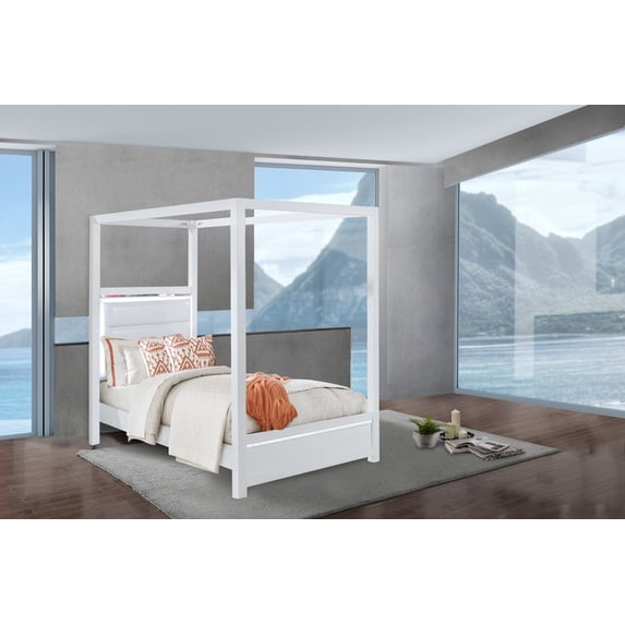 Glam Canopy Bed with Faux Leather Headboard & LED Lighting