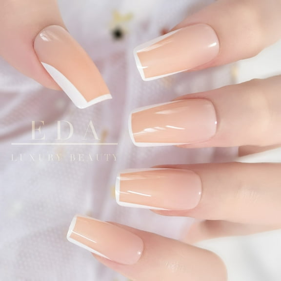 Natural Nude White Frame French Press On Nails, Long Square Glue On Fake Nails Set, Glam Canvas