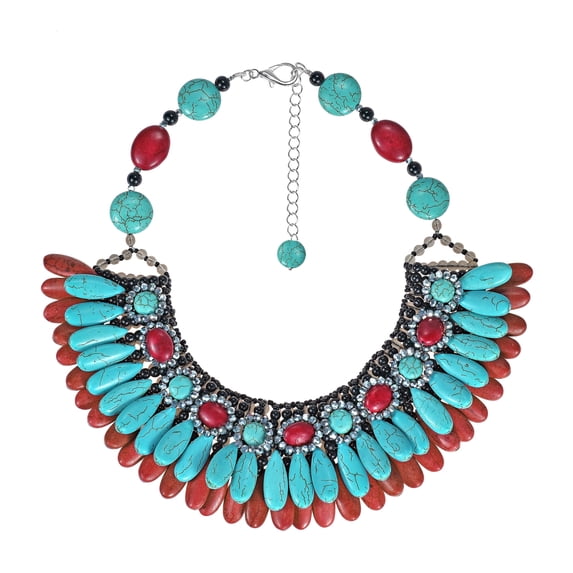 Glam Cascading Teardrop Turquoise and Coral Bib Necklace