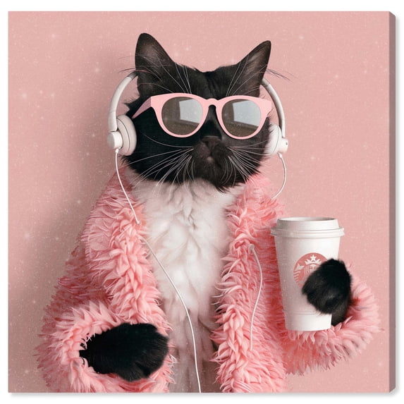 Glam Cat Headphones Canvas Cute Cat Art Prints by Art Remedy, Gallery Wrapped, 24" x 24"