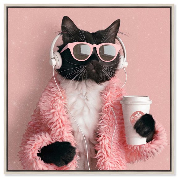 Glam Cat Headphones Canvas Cute Cat Art Prints by Art Remedy, Silver Frame, 24" x 24"