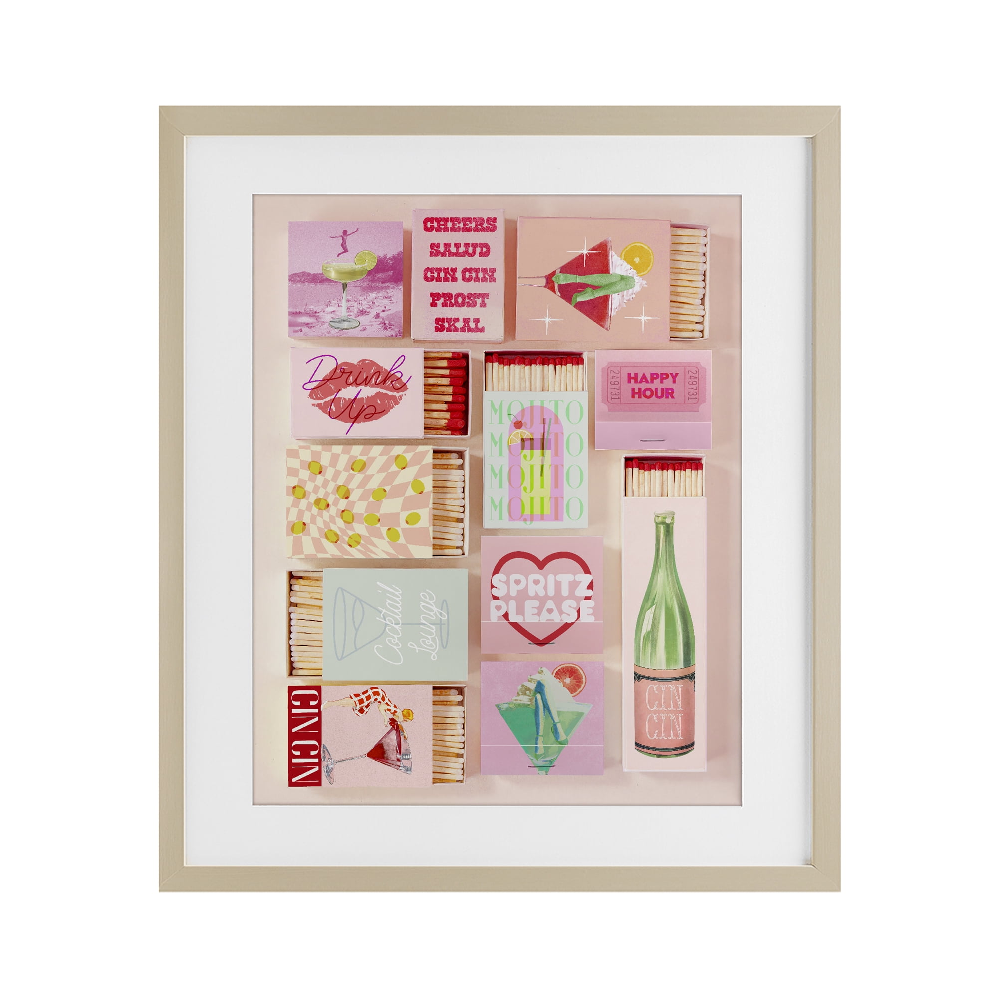 Glam Cocktails Retro Matches Birch Framed Print Under Glass, design by Lil' Rue