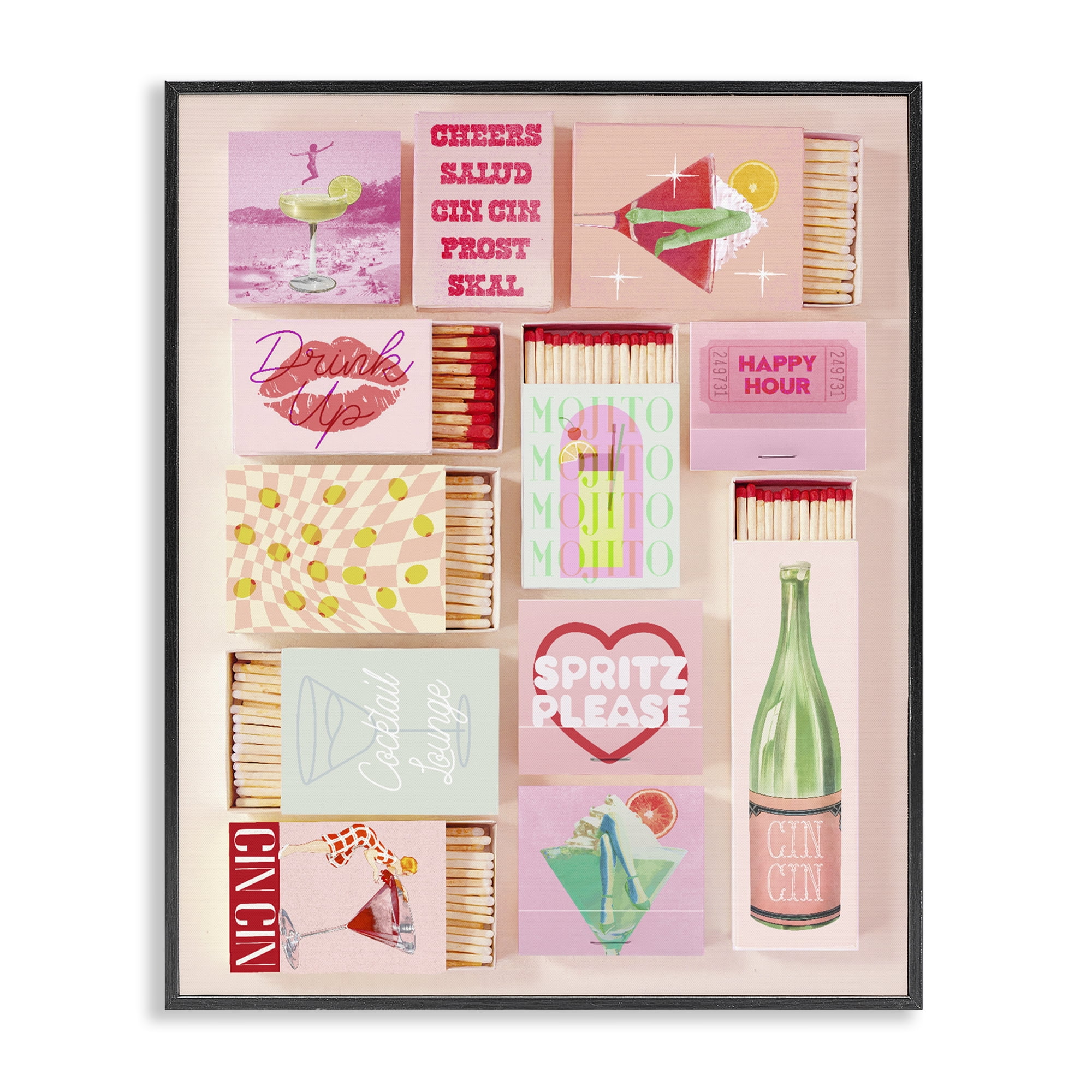 Glam Cocktails Retro Matches Black Framed Giclee Art, design by Lil' Rue