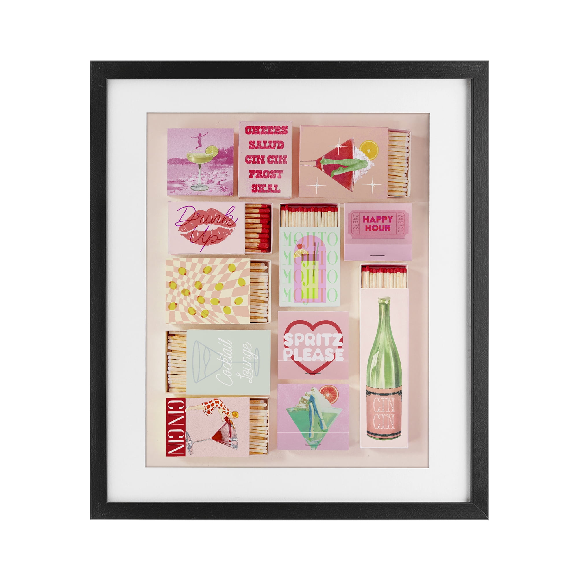 Glam Cocktails Retro Matches Black Framed Print Under Glass, design by Lil' Rue