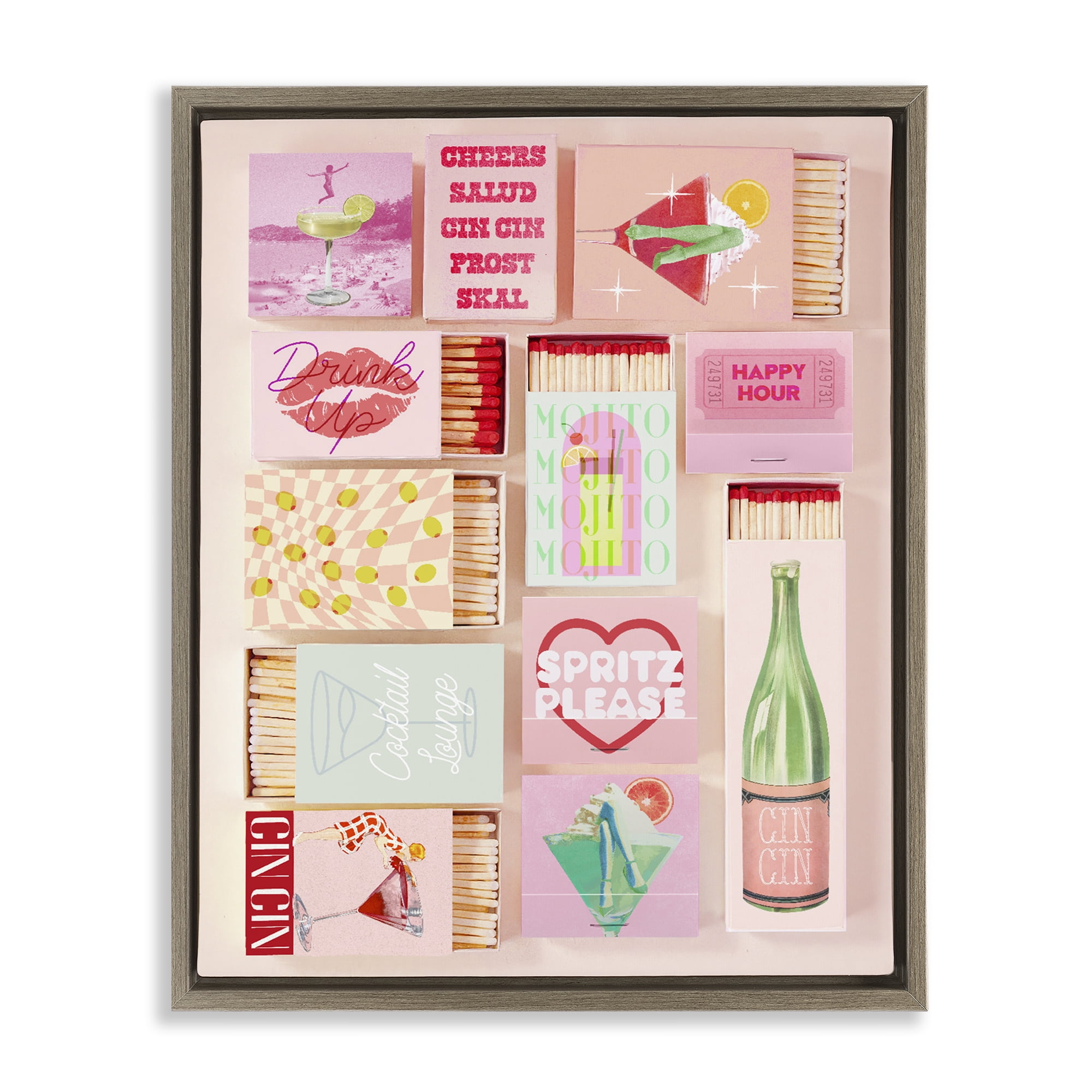 Glam Cocktails Retro Matches Brown Framed Floater Canvas Wall Art, design by Lil' Rue