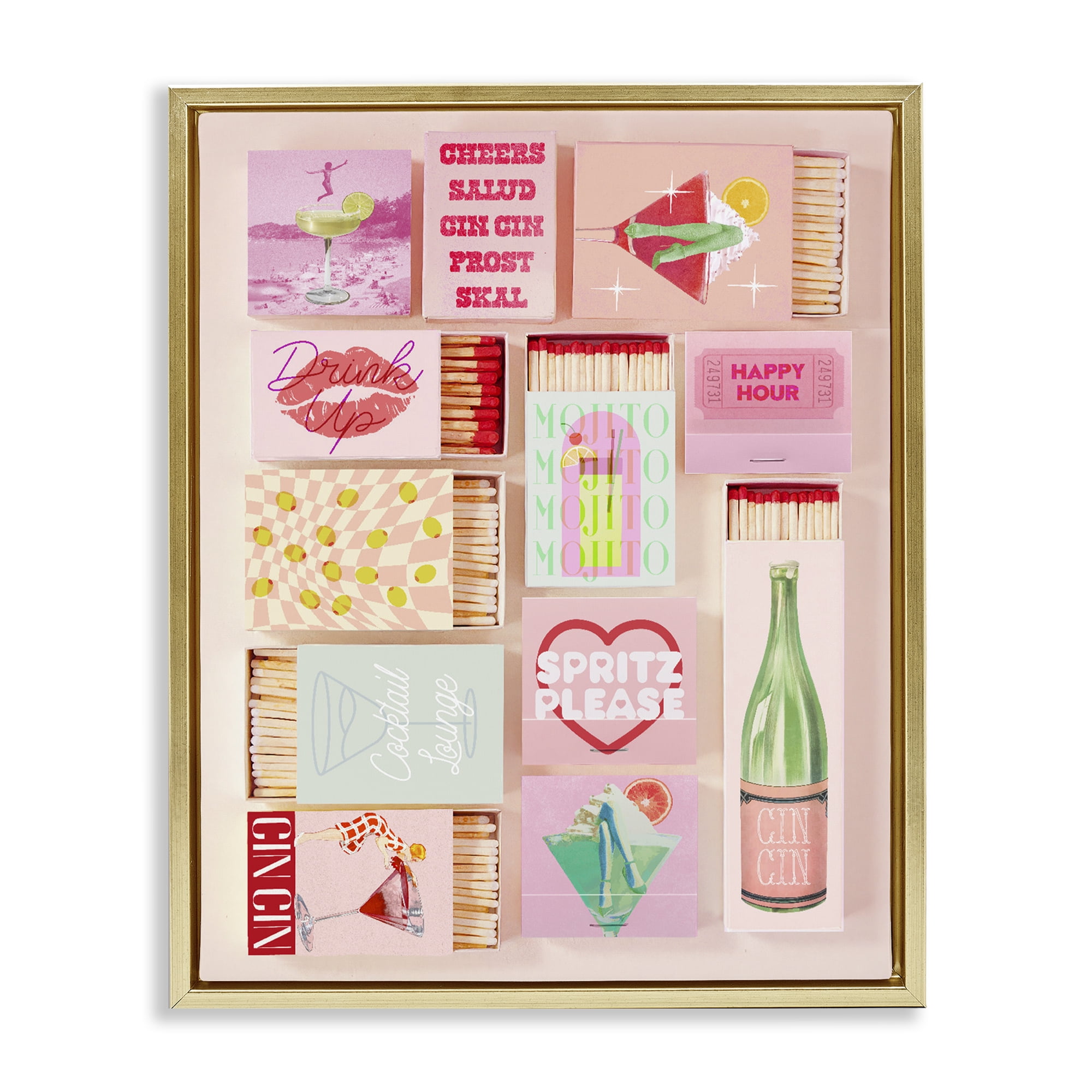 Glam Cocktails Retro Matches Gold Framed Floater Canvas Wall Art, design by Lil' Rue
