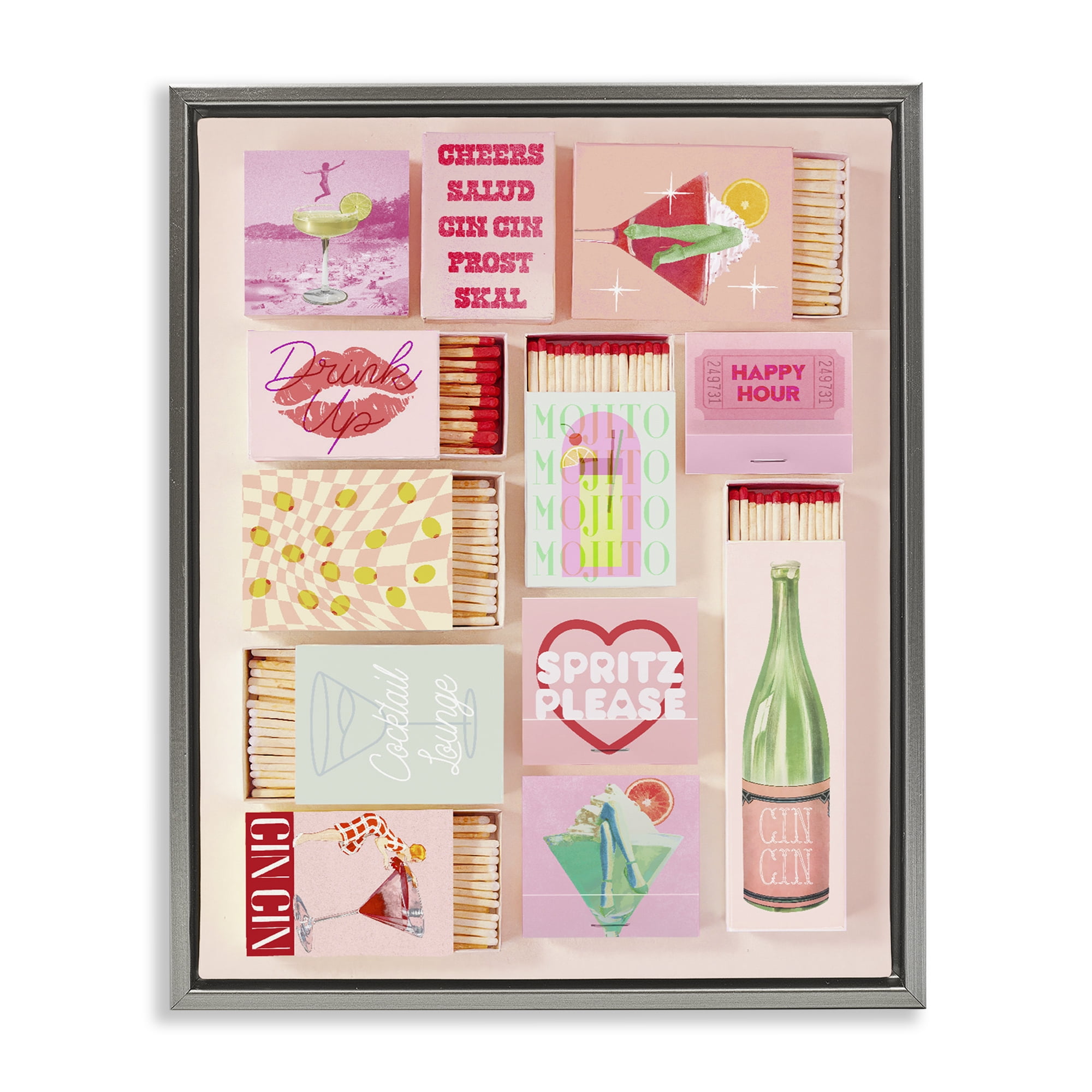 Glam Cocktails Retro Matches Gray Framed Floater Canvas Wall Art, design by Lil' Rue