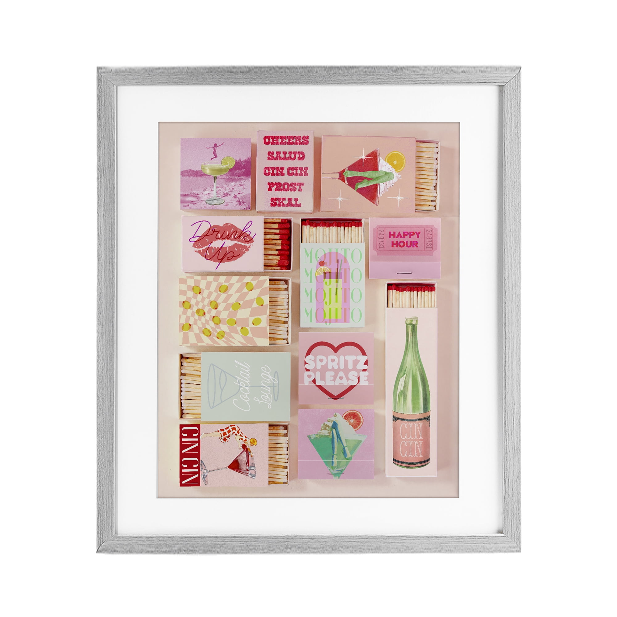Glam Cocktails Retro Matches Gray Framed Print Under Glass, design by Lil' Rue