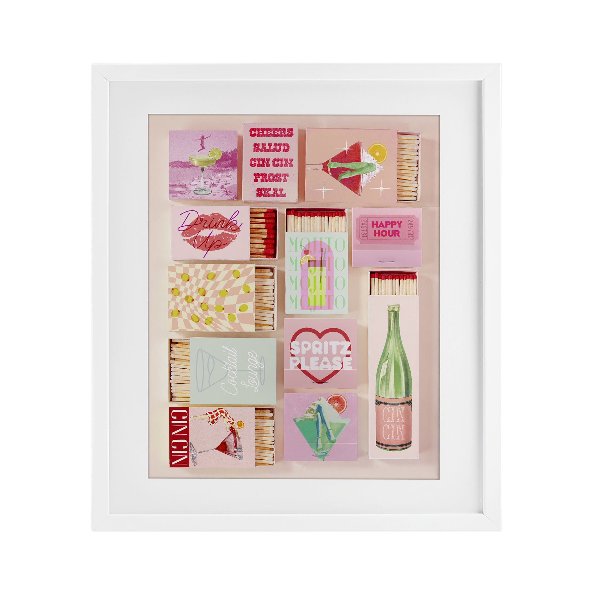 Glam Cocktails Retro Matches White Framed Print Under Glass, design by Lil' Rue