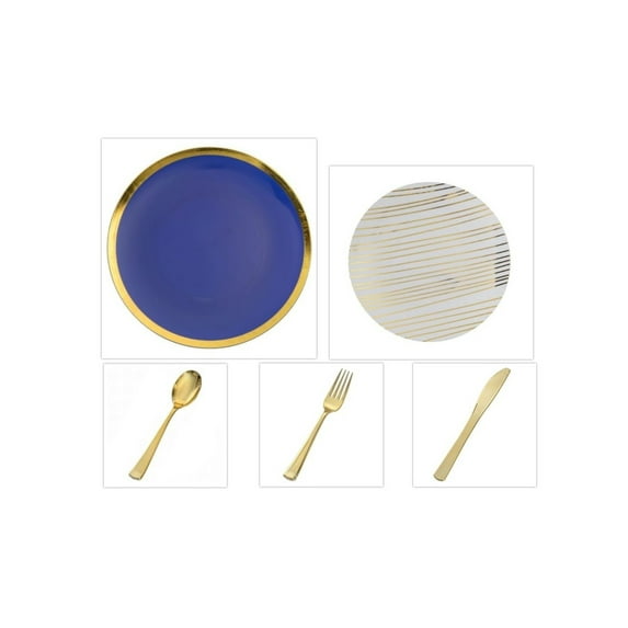 Glam Design Collection Navy and Gold 10.25" Dinner Plastic Plates + White and Gold 8" Salad Plastic Plates + Gold Cutlery *Party of 100*