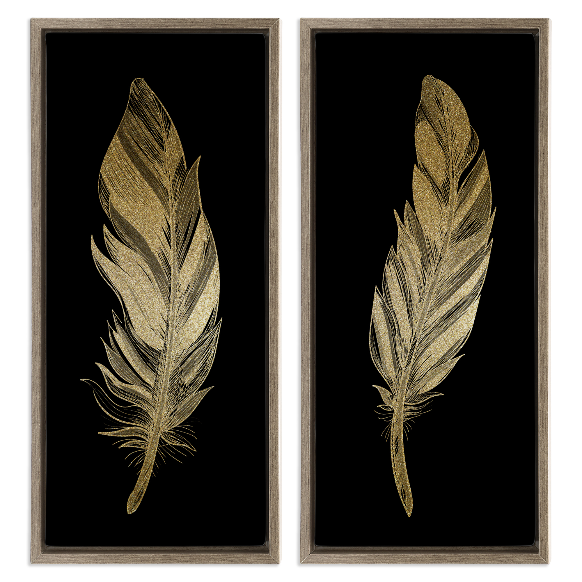 Glam Detailed Feather 2 Piece Brown Framed Floater Canvas Set, design by Kim Allen