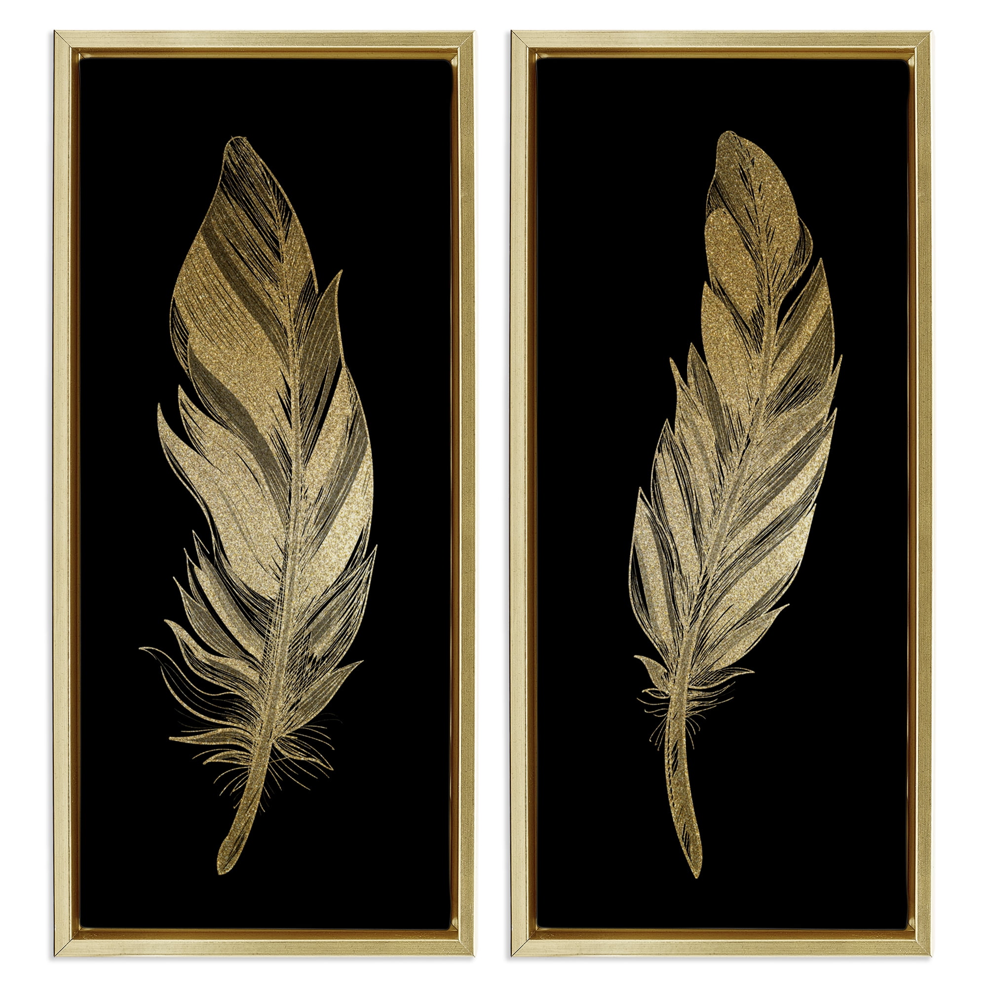 Glam Detailed Feather 2 Piece Gold Framed Floater Canvas Set, design by Kim Allen
