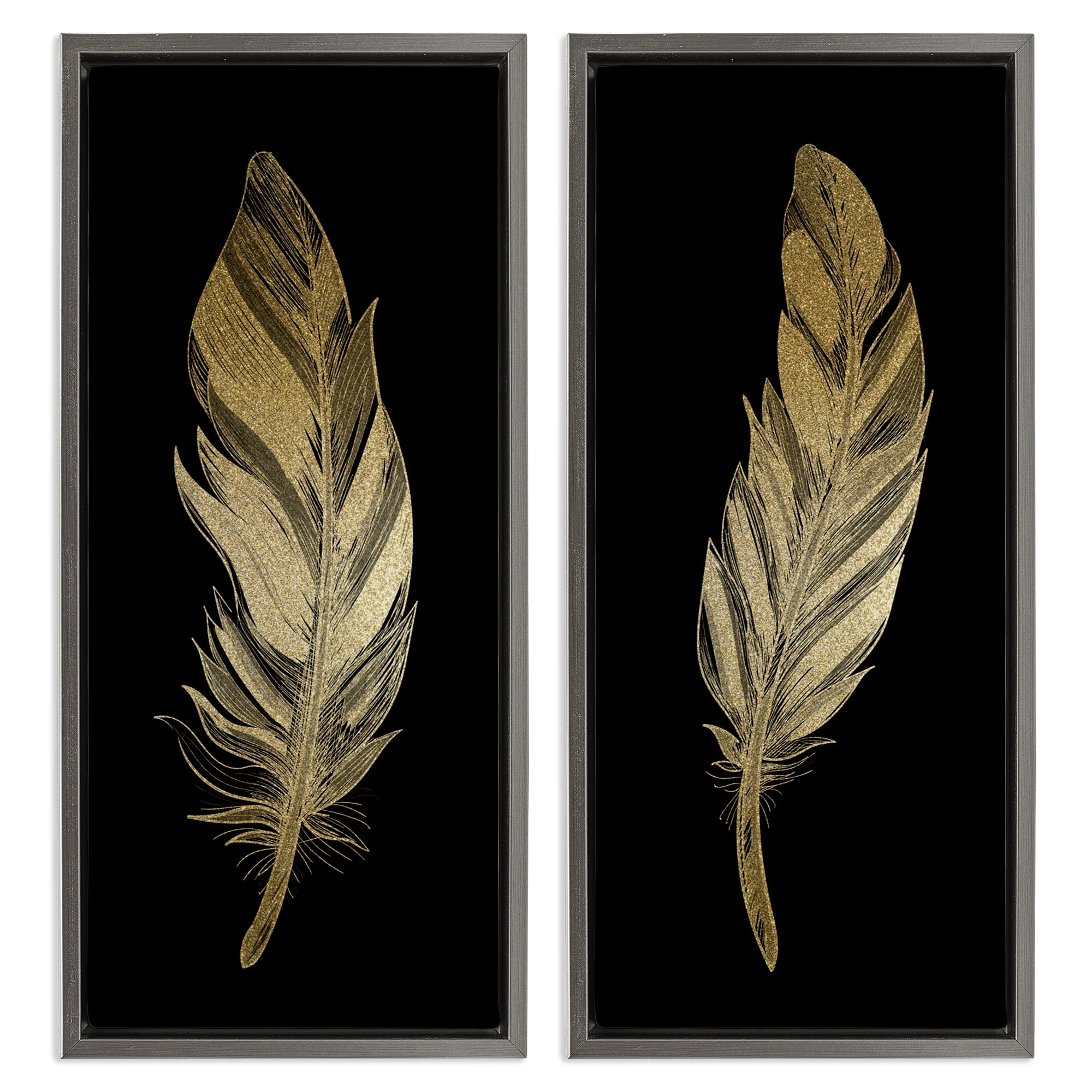 Glam Detailed Feather 2 Piece Gray Framed Floater Canvas Set, design by Kim Allen