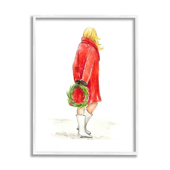 Glam Fashion Red Jacket Christmas Woman with Wreath 11 in x 14 in Framed Painting Art Prints, by Stupell Home Décor