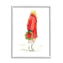 Glam Fashion Red Jacket Christmas Woman with Wreath 11 in x 14 in Framed Painting Art Prints, by Stupell Home Décor