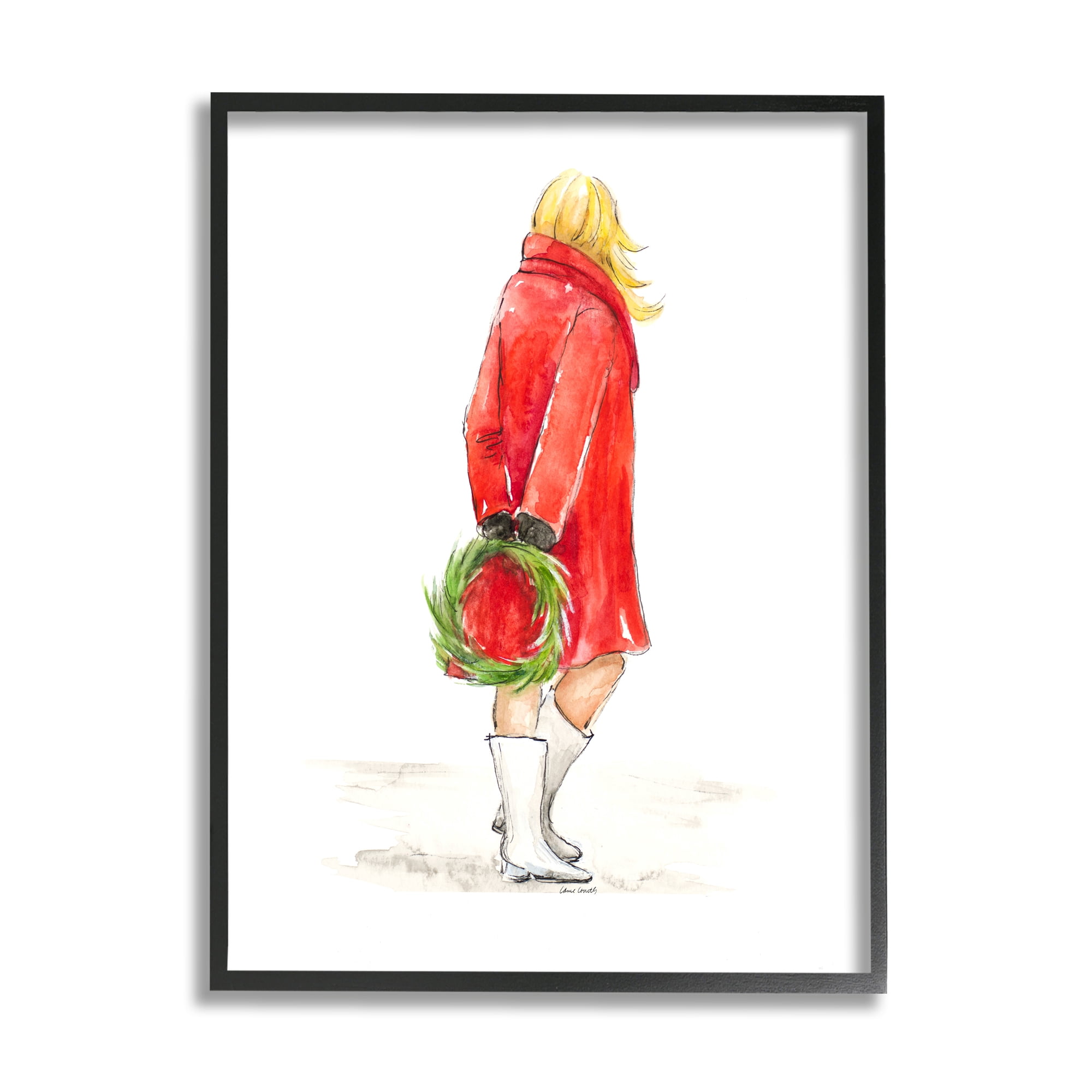Glam Fashion Red Jacket Christmas Woman with Wreath 24 in x 30 in Framed Painting Art Prints, by Stupell Home Décor