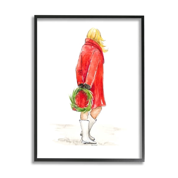 Glam Fashion Red Jacket Christmas Woman with Wreath 24 in x 30 in Framed Painting Art Prints, by Stupell Home Décor