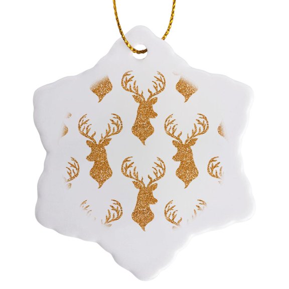3drose, Glam Faux Gold Digital Glitter Christmas Reindeer Pattern, 3 inch Snowflake Porcelain Ornament