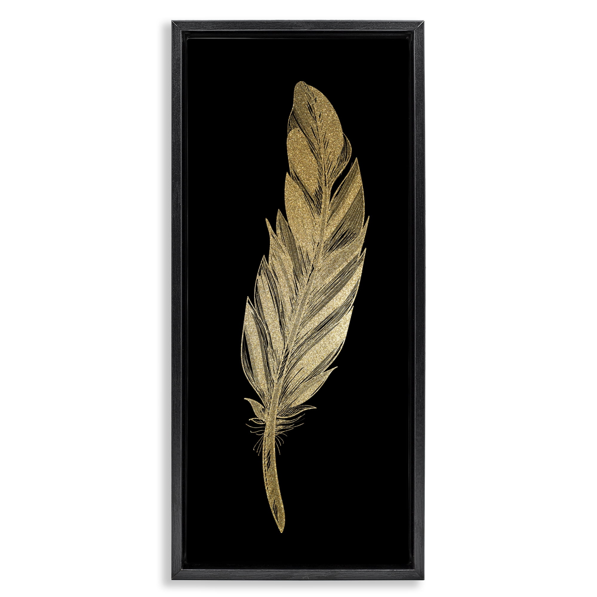 Glam Feather Black & Gold Black Framed Floater Canvas Wall Art, design by Kim Allen