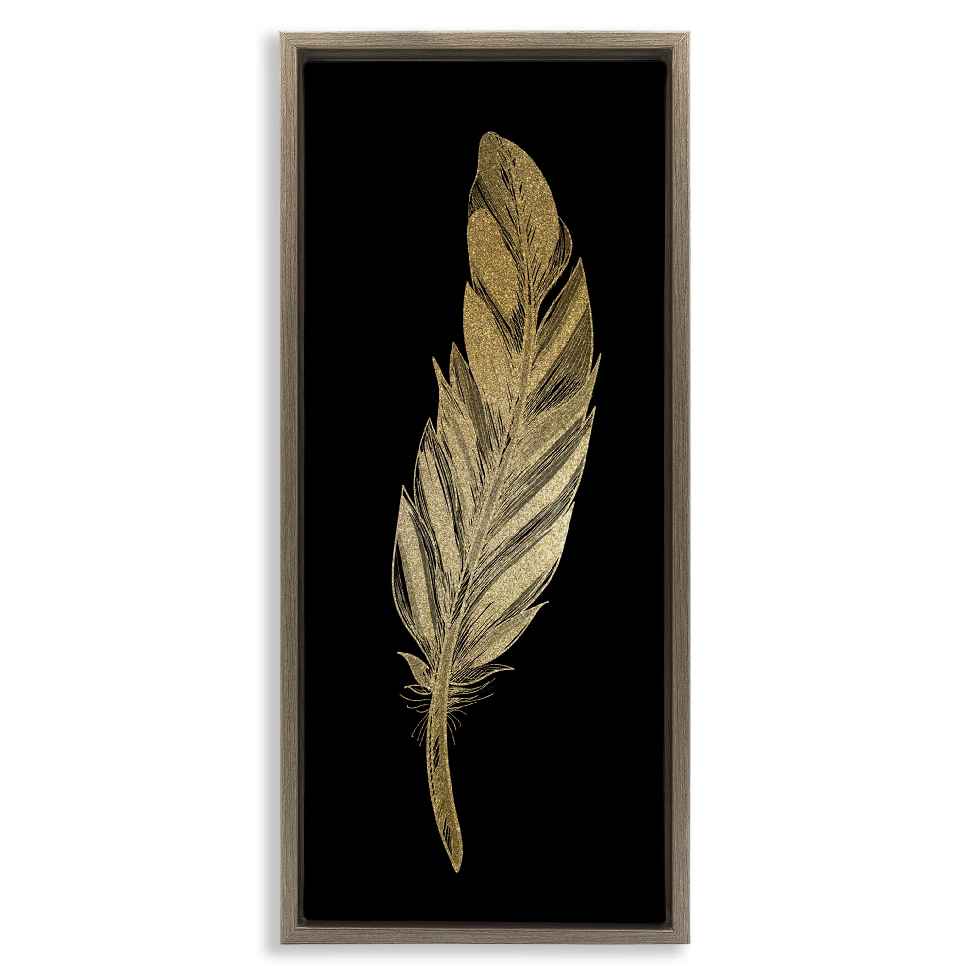 Glam Feather Black & Gold Brown Framed Floater Canvas Wall Art, design by Kim Allen