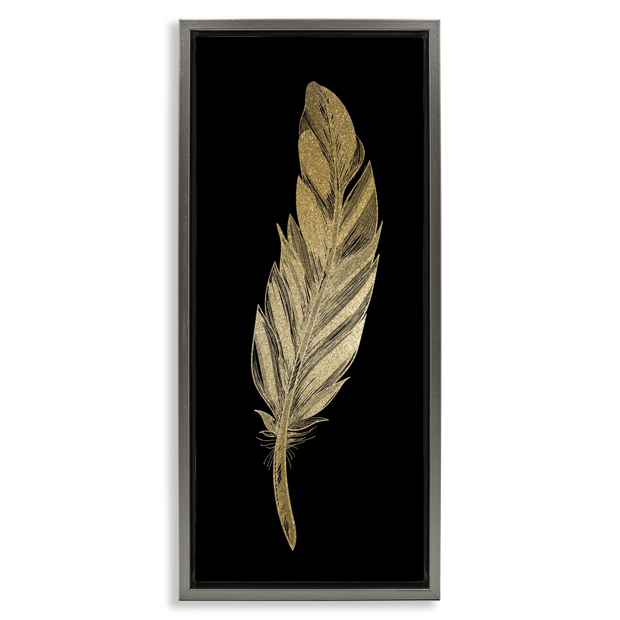 Glam Feather Black & Gold Gray Framed Floater Canvas Wall Art, design by Kim Allen