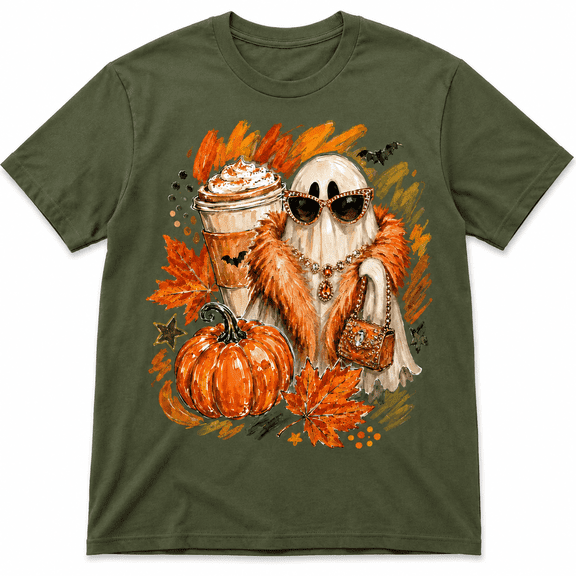 Glam Ghost Graphic T-Shirt, Fashion Ghost Coffee Pumpkin Design Tee, Cute Halloween Fall Shirt