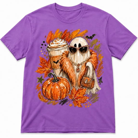 Glam Ghost Graphic T-Shirt, Fashion Ghost Coffee Pumpkin Design Tee, Cute Halloween Fall Shirt