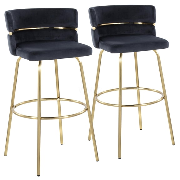 Glam Gold Bar Stools Set of 2 with Black Velvet Upholstery and Swivel Seat