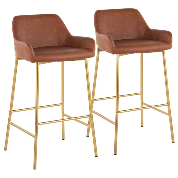 Glam Gold Metal Bar Stools Set of 2 with Camel Faux Leather Upholstered Seats