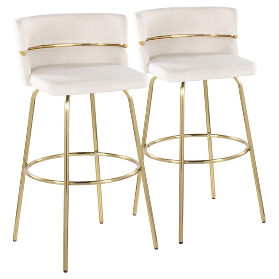 Glam Gold Metal Bar Stools Set of 2 with Cream Velvet Upholstery and Swivel Seats
