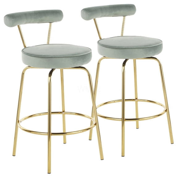 Glam Gold Metal and Sage Green Velvet Counter Stools, Set of 2 with 360 Swivel Seat