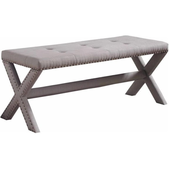 Glam Grey Linen Blend Tufted Accent Bench Champagne Nailhead Trim X-Shaped Trestle Engineered Hardwood Legs 44 Inch Rectangular Decor Bench Flat Pack Partial Assembly Bedroom Entryway Living Room