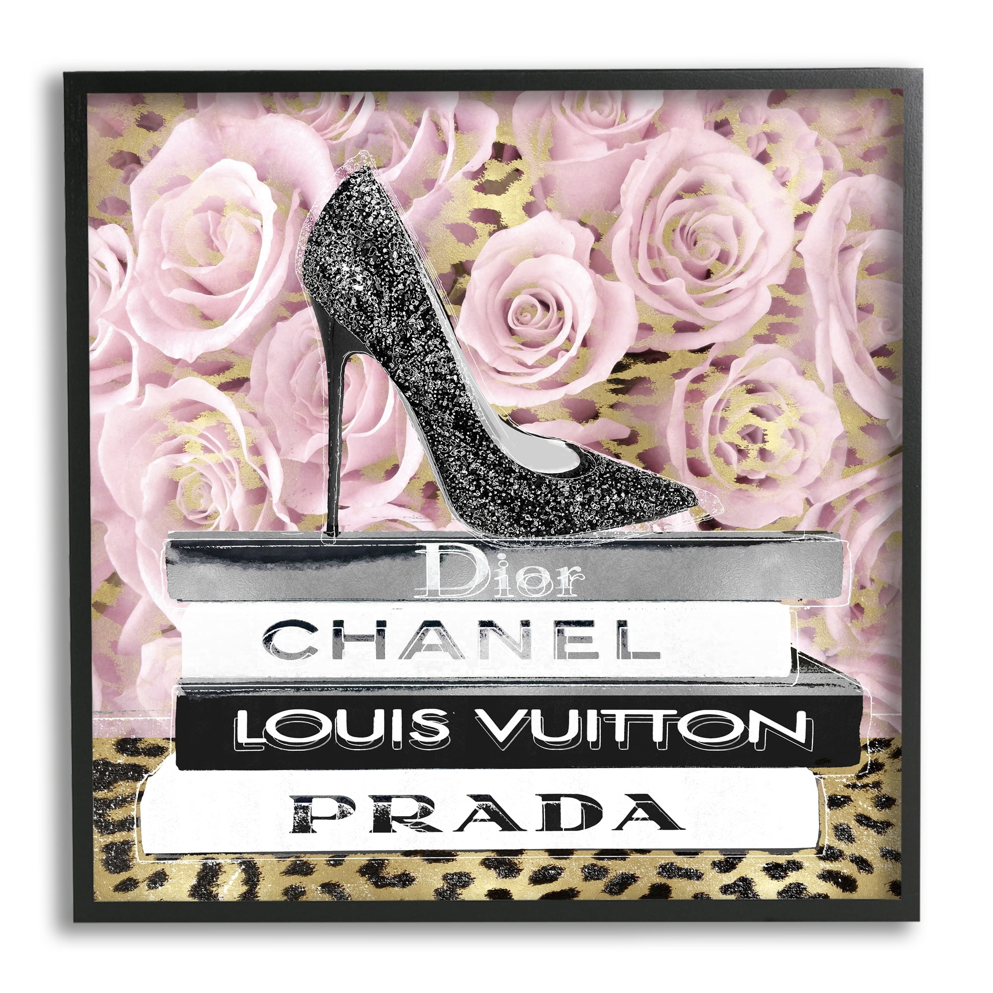 Glam High Heel Shoe Fashion Book Stack Cheetah Canvas Print with Black Frame