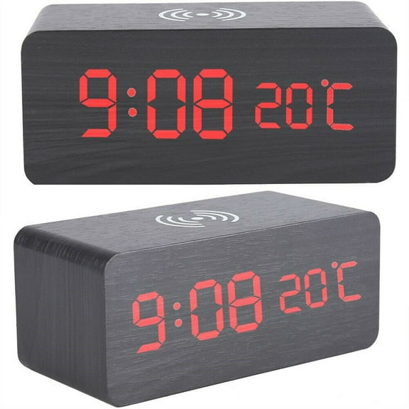 Glam Hobby Wooden Alarm Clock with Qi Wireless Charging Pad Compatible with iPhone Samsung Wood LED Digital Clock Sound Control Function, Time Date, Temperature Display for Bedroom Office Home