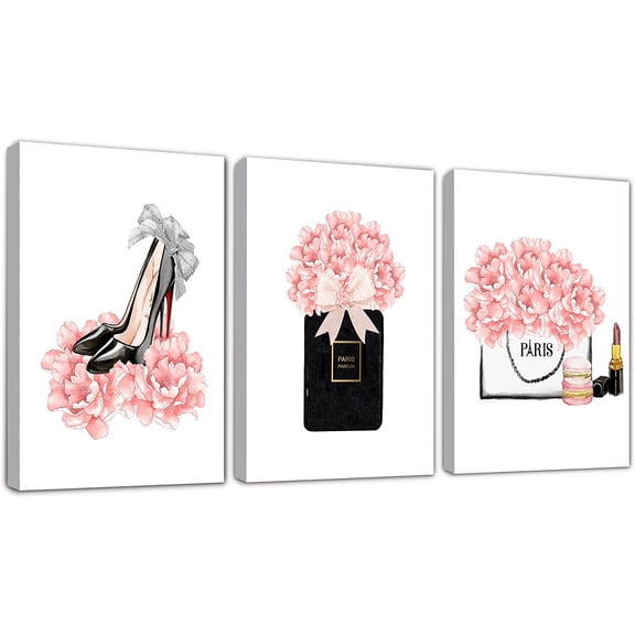 Glam Hot Pink Fashion Wall Decor - Rose Gold Girly Office Decor - Beauty Room Decor Pictures Arts for Bedroom Bathroom - Perfume Handbags High Heels Lipstick Wall Paintings Set of 3, 12x16 in