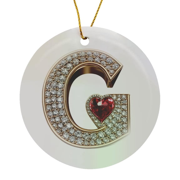 3drose, Glam Image of Diamonds Red Heart Monogram Initial G, Circle Porcelain Ornament