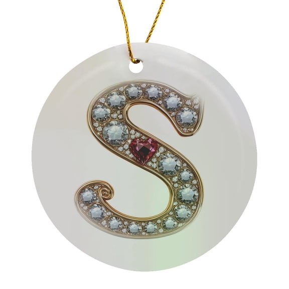3drose, Glam Image of Diamonds Red Heart Monogram Initial S, Circle Porcelain Ornament
