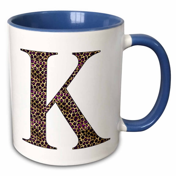 3drose, Glam Image of Gold and Purple Leopard Spots Monogram Initial K, 15oz Two-tone Blue Mug
