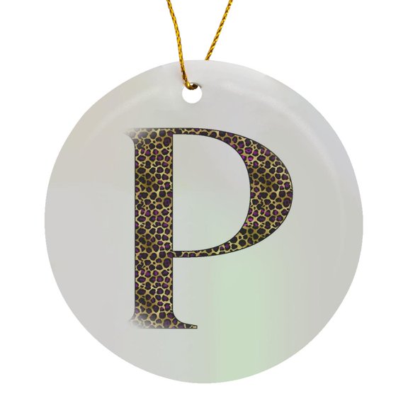 3drose, Glam Image of Gold and Purple Leopard Spots Monogram Initial P, Circle Porcelain Ornament