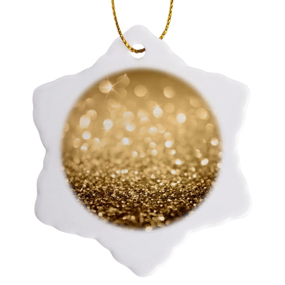 3drose, Glam Image of Gold Sparkle Bokeh, 3 inch Snowflake Porcelain Ornament