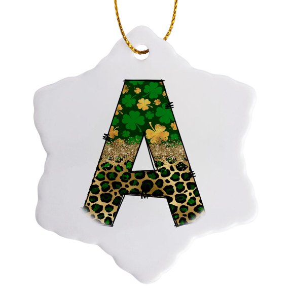 3drose, Glam Leopard and Four Leaf Clover Monogram Initial A, 3 inch Snowflake Porcelain Ornament