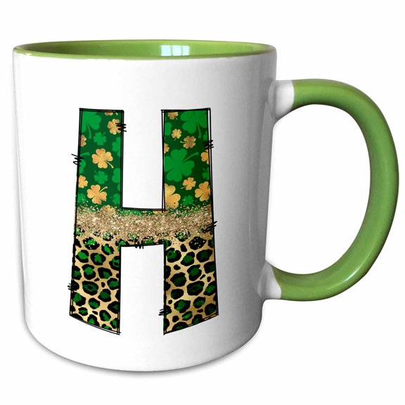 3drose, Glam Leopard and Four Leaf Clover Monogram Initial H, 11oz Two-tone Green Mug