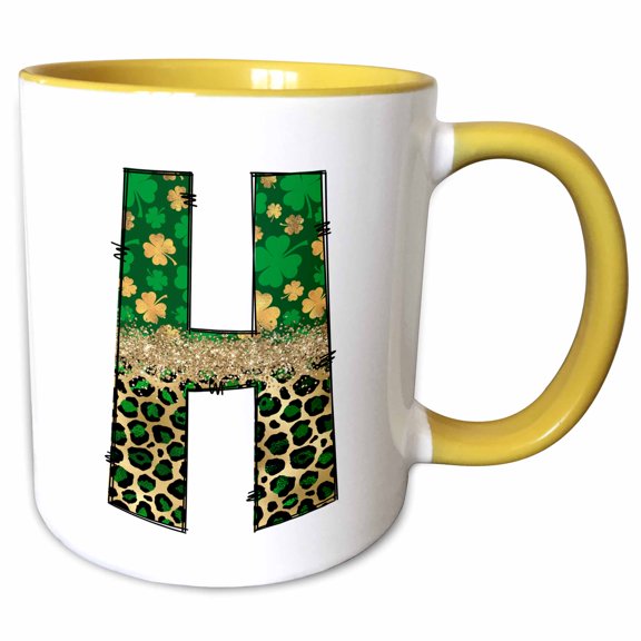3drose, Glam Leopard and Four Leaf Clover Monogram Initial H, 11oz Two-tone Yellow Mug