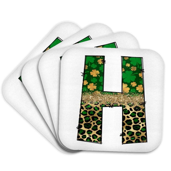 3drose, Glam Leopard and Four Leaf Clover Monogram Initial H, Set of 4 Coasters - Soft